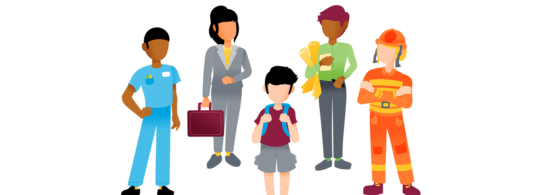 An illustration of a nurse, a businesswoman, an architect, a firefighter and a student.