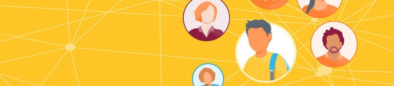 A graphic of a student in a bubble with other people connected to him in a network against a yellow background.