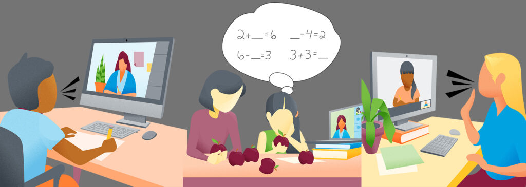 Three graphic illustrations depicting tutoring taking place both in person and through a laptop/computer.