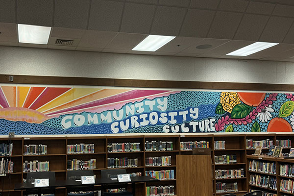 An image of a mural in a school library with the words Community, Culture, Curiosity painted in white.