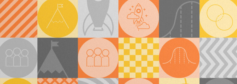 A graphic of orange, gray and yellow icons in a tile pattern.