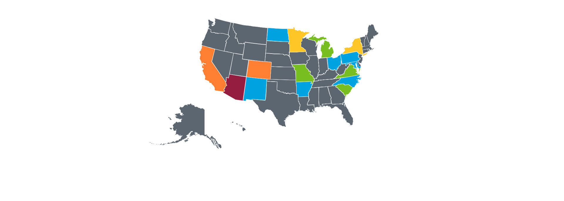 A map of the United States in gray with some states filled in with color against a white background.