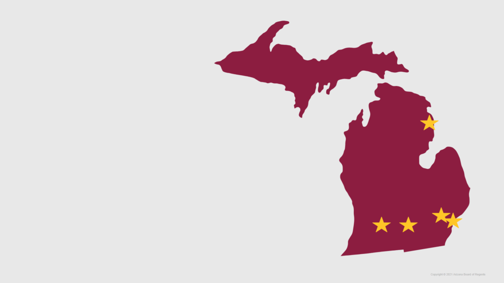 A blank page with the outline of the state of Michigan with four stars on it, depicting where Next Education Workforce models are being implemented.