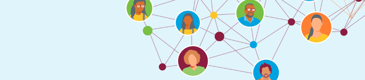 A blue background with network lines connecting illustrations of students and educators.