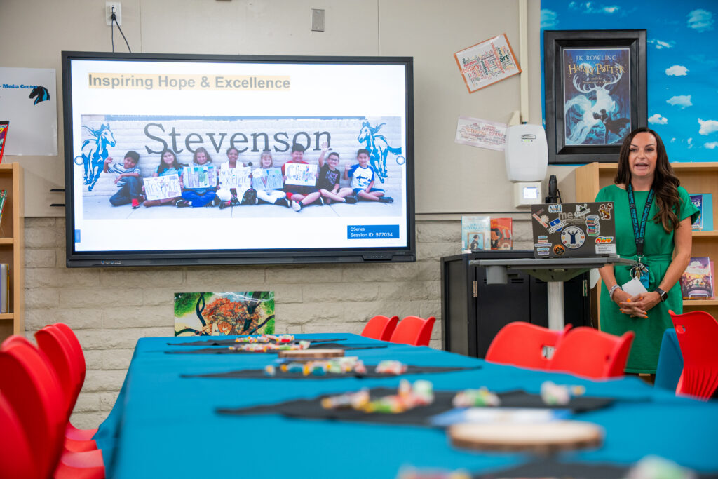 Principal Kelsey Christofferson gives a presentation at Stevenson Elementary School.