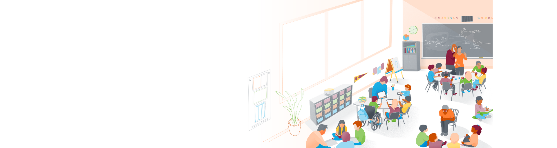 An illustration of educators teaching in teams in a classroom.