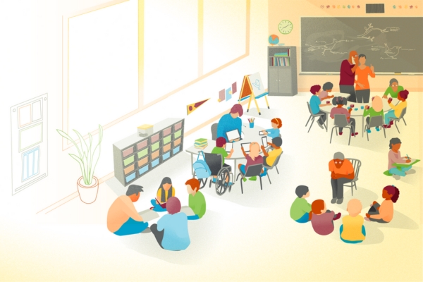 An illustration of educators teaching in teams with students.