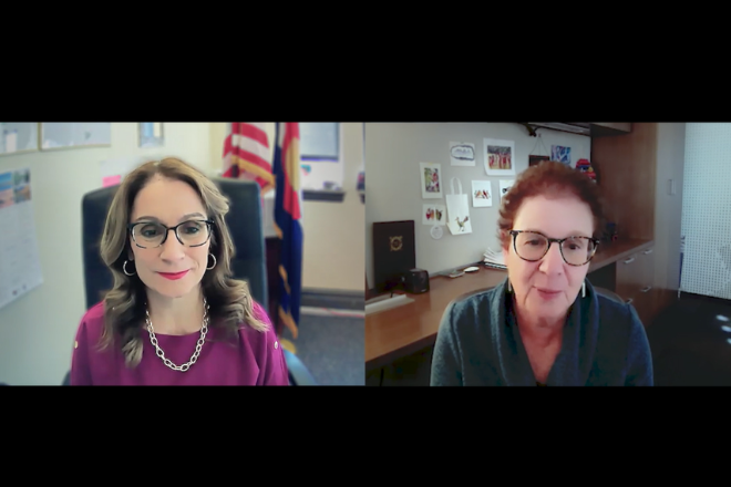 Susana Cordova and Carole Basile talk via Zoom.